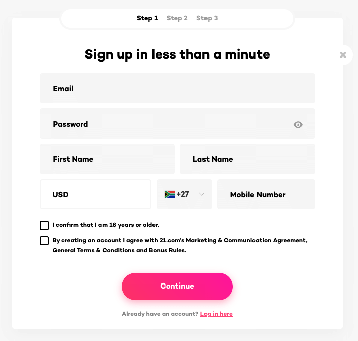 21.com casino registration process