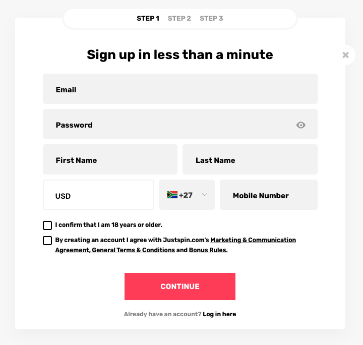JustSpin casino registration process
