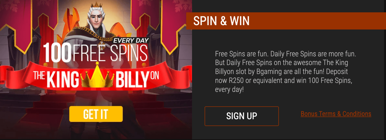 Kings Billy casino spin and win offer